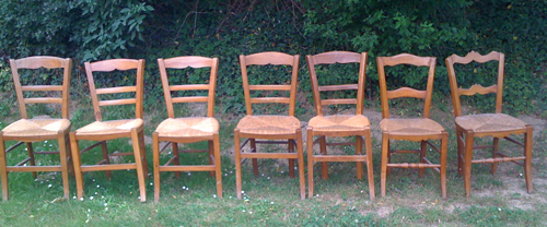 set of 7 harlequin style cherrywood chairs